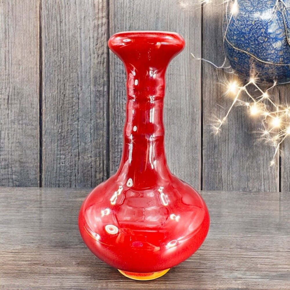 Hand Made Pottery Vase Vessel With Ox‎ Blood Glaze Deep Red Ceramic Vase Vintage